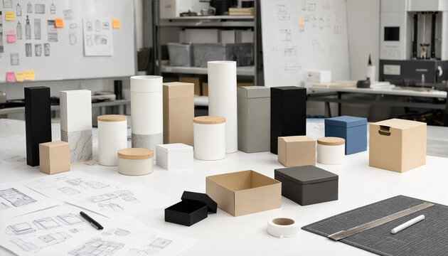 Various cardboard and sustainable packaging prototypes on studio desk for product design development with packaging prototype sustainable cardboard development container business