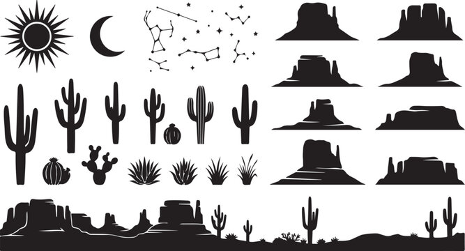 Desert landscape silhouette set with cacti, mesas, sun, moon and constellations for western themed graphic design projects