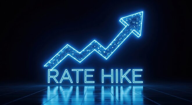 Glowing blue rate hike text with upward arrow digital finance icon illustration futuristic