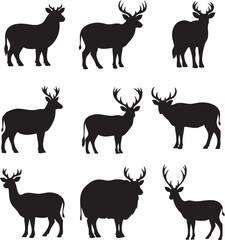 Obraz premium Group of deer and buck silhouettes in multiple standing and side poses with silhouette wildlife collection isolated creature illustration