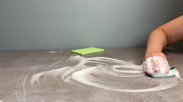 Mid sequence cleaning action with hand wiping soapy foam across stone countertop using green sponge