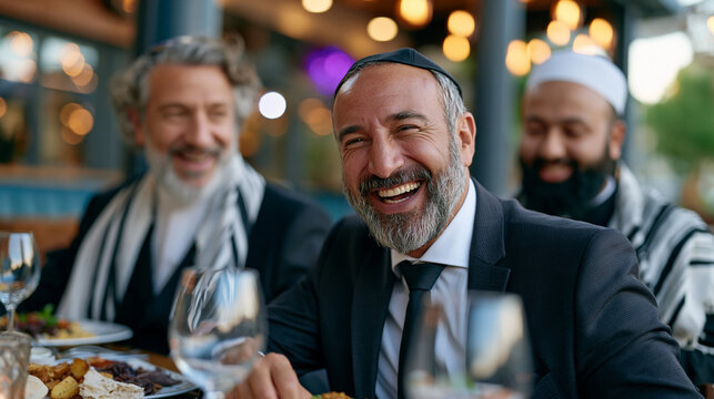 Christian pastor, Jewish rabbi, and Muslim imam sharing meal together at restaurant table, genuine laughter informal interfaith friendship, community religious pluralism cooperation dialogue peacebu