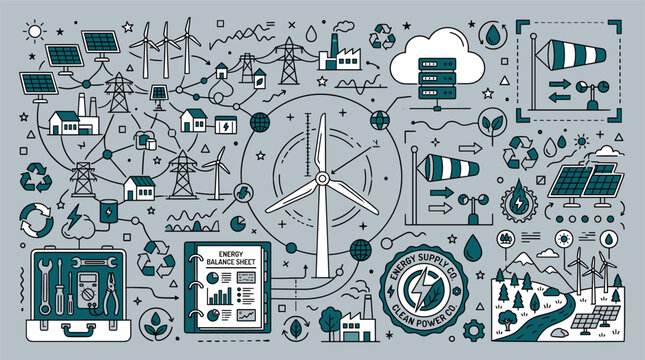 Renewable energy and clean power concept icons with wind turbine, solar panel and toolbox for infographic design illustration