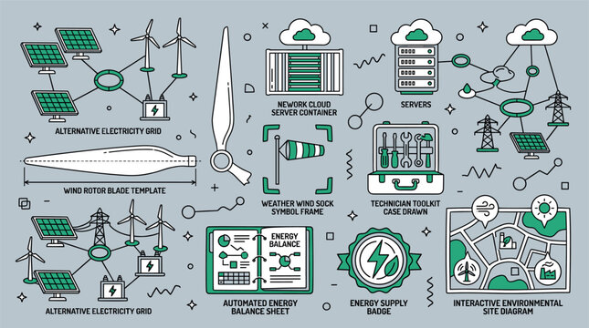 Renewable energy and technology vector icons with solar panels, wind turbine blade and server racks for presentation design in minimal outline style