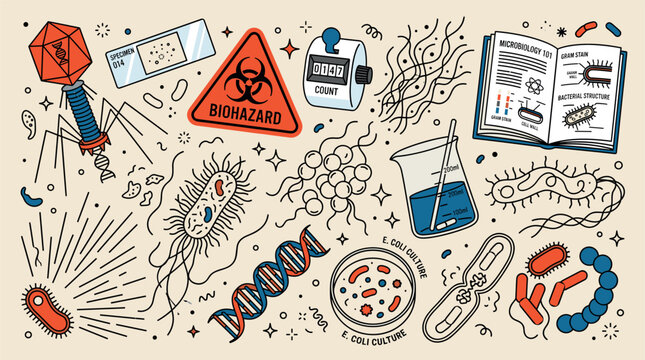 Microbiology and biohazard concept icons with virus, bacteria and DNA strand for scientific research design in colorful illustration style