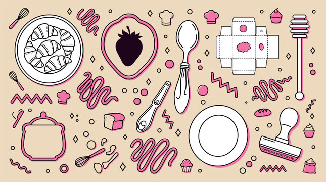 Cooking and baking design icons with croissant, spoon and stamp for kitchen branding in doodle style