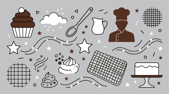 Baking and cooking design icons with cupcake, chef and cake for branding design in minimal monochrome style
