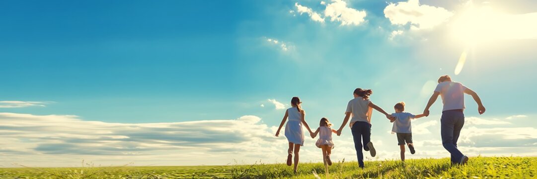 Happy family running together in a green field on a sunny day with blue sky