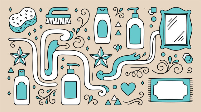 Bathroom and hygiene design icons with soap dispenser, brush and sponge for mobile app design in vector art