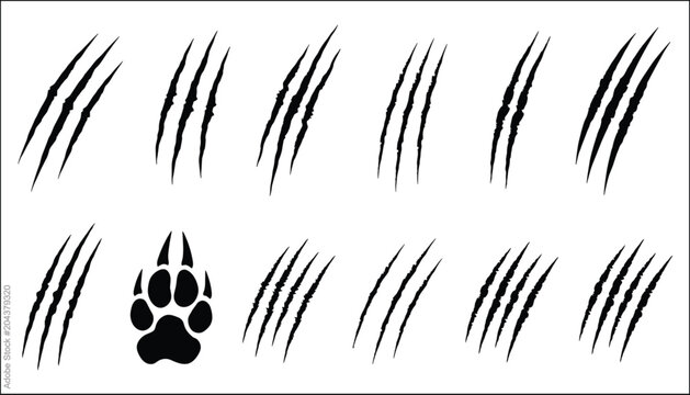 Black beast claw marks vector set with aggressive wild animal scratch slashes and sharp wolf paw print icons on white background