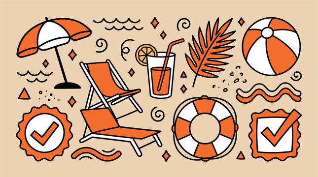 Summer and beach design icons with umbrella, deck chair and lifebuoy for vacation branding in colorful illustration