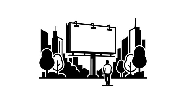 A solitary person standing in front of a large blank billboard.