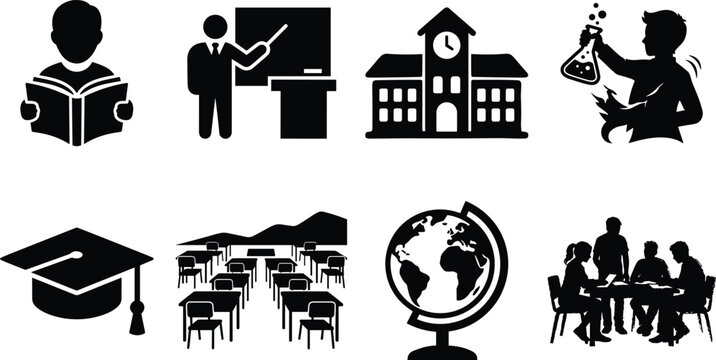Education and school icon set featuring student reading teacher classroom graduation cap and learning concepts isolated on white background