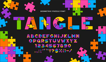 Creative colorful geometric puzzle font letters and numbers arranged in playful vibrant design style © MsAtlasTrading