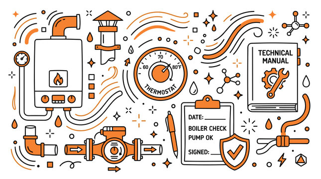 Boiler maintenance and heating system vector icons with thermostat, pipes and technical manual for branding design in minimal outline style