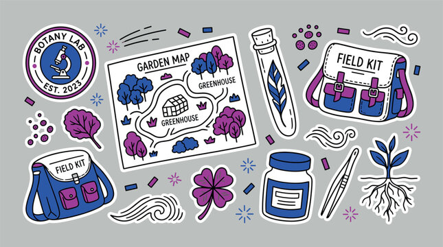 Botany and lab research concept icons with field kit, garden map and test tube for infographic design in colorful illustration style