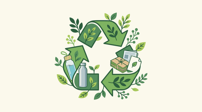 Green recycling symbol with plants and recyclable items illustration