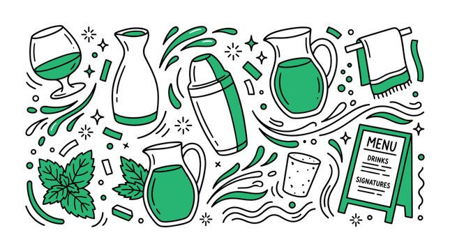 Drinks and bar design icons with cocktail shaker, pitcher and mint leaves for mobile app design in outline style