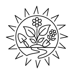 Fototapeta premium Gardening tools and flowers in sun rays circle icon line drawing