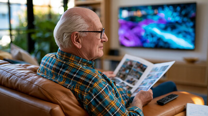 Fototapeta premium Man in his late sixties reading printed captions on a television mounted in a bright living room, remote on armrest, a notepad with written reminders nearby, the pragmatic adaptation of someone adju