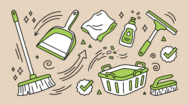 Home cleaning and chores design icons with broom, dustpan and scrub brush for cleaning service branding in colorful doodle style