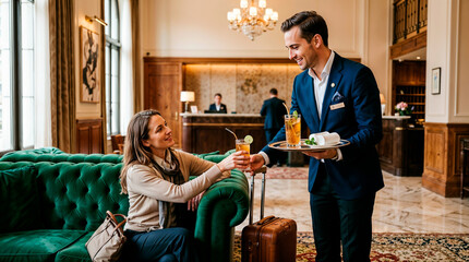 Obraz premium Smiling hotel manager serves welcome drink to female guest on green sofa in luxury lobby. Elegant classic interior, hospitable, premium mood. Green, brown, dark blue palette. Hospitality, room service