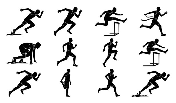 Running and athletics silhouette vector set with sprinters hurdles runners and stretching exercises