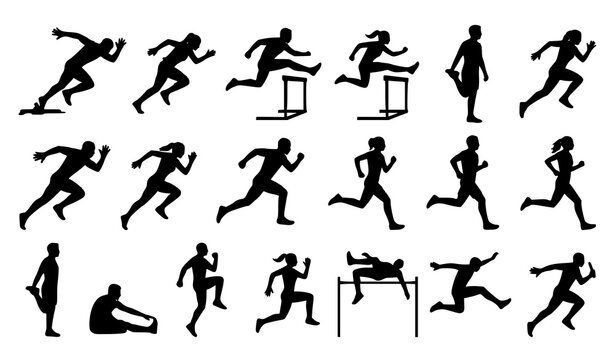 Professional athletics and running silhouette vector pack with sprinters hurdles and exercise poses