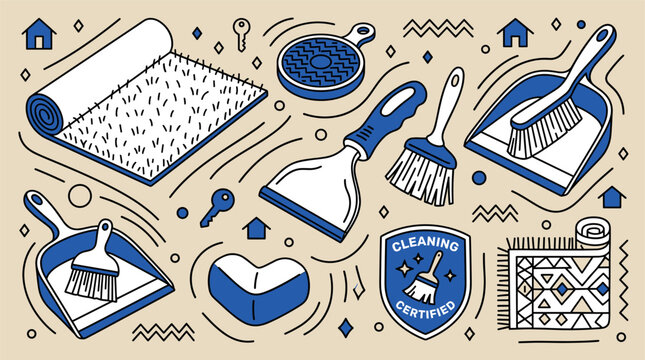 Cleaning tools and certification design icons with brush, dustpan and carpet for marketing design in flat doodle style