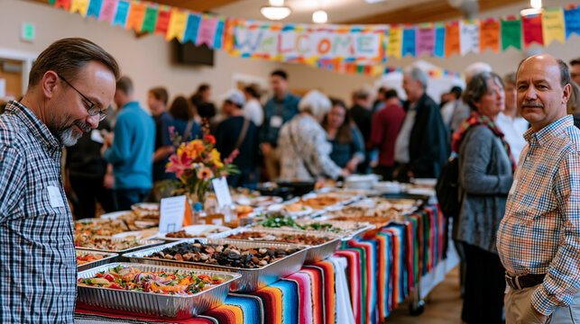 Secular humanist community gathering in rented hall, potluck tables, hand-lettered welcome banner, multigenerational atheist families connecting, community building nonreligious meaning support netw