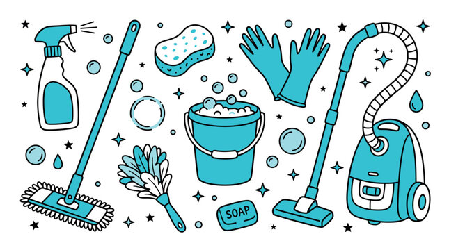 Cleaning and household UI elements with vacuum cleaner, sponge and rubber gloves for home cleaning marketing in colorful outline style