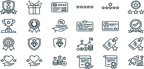 Fototapeta premium Customer Loyalty and Rewards Program Line Icon Set Featuring Membership Benefits, Cashback, Recognition Awards, Discounts and Achievement Incentives