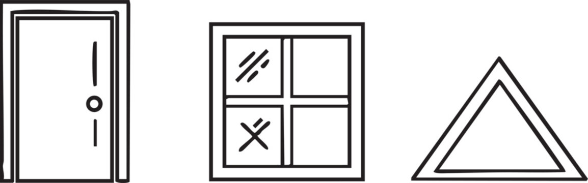 Minimalist outline icons of a closed door a four-pane window a geometric triangle shape triangle minimalist geometric architecture