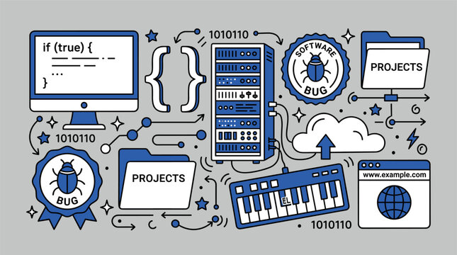 Software and programming concept icons with server, code and cloud folder for dashboard design in minimal outline style