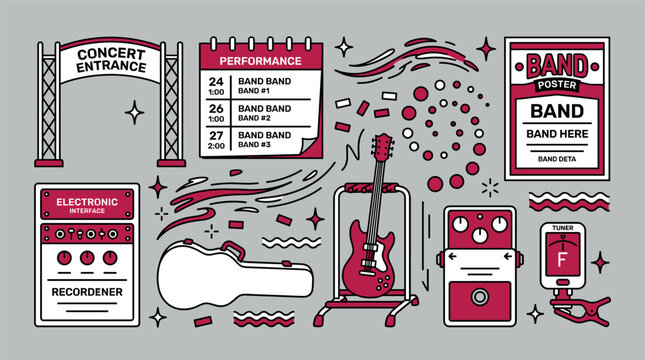 Music and concert UI elements with electric guitar, concert entrance and tuner for mobile app design in colorful illustration