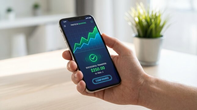 Finance app on a smartphone showing a rising graph, symbolizing investment growth and financial success