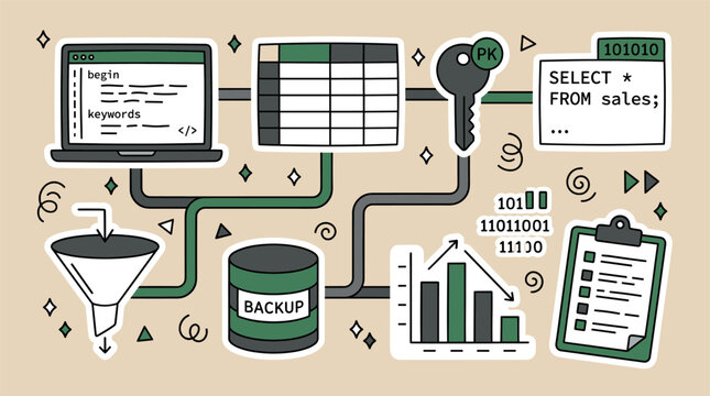 Data and database concept icons with laptop, backup and key for technology infographic design in modern illustration style