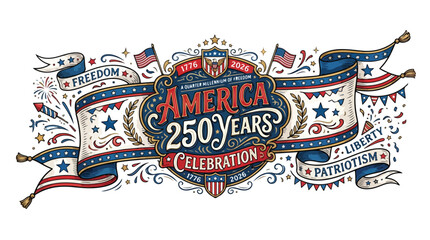 Fototapeta premium Graphic design celebrating America's 250 years with patriotic ribbons and flags on a white background.