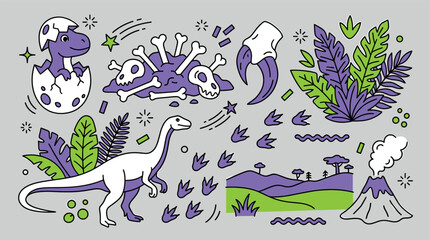 Fototapeta premium Prehistoric life and dinosaur concept icons with skeleton, dinosaur and volcano for infographic design in colorful outline style