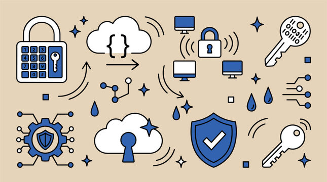 Cybersecurity and cloud computing vector icons with padlock, key and shield for web design in flat illustration style