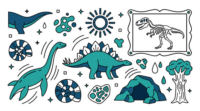 Dinosaurs and fossils vector icons with stegosaurus, ammonite and cave for educational infographic in flat colorful illustration
