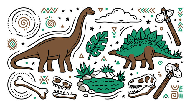Dinosaurs and prehistoric tools concept icons with brachiosaurus, stegosaurus and stone axes for educational infographic in hand drawn style