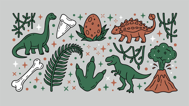 Dinosaurs and prehistoric vector icons with t rex, egg and fossil for educational branding in flat illustration