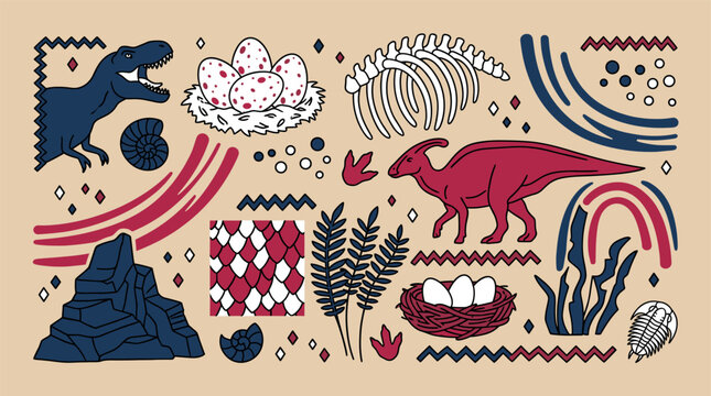Dinosaurs and fossils vector icons with parasaurolophus, skeleton and eggs for educational infographic in colorful doodle style