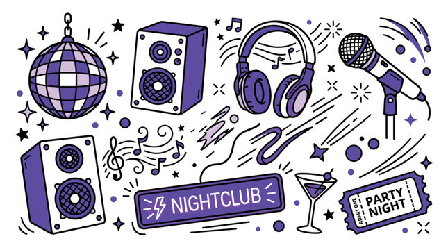 Music and party vector icons with disco ball, microphone and headphones for event marketing in colorful illustration