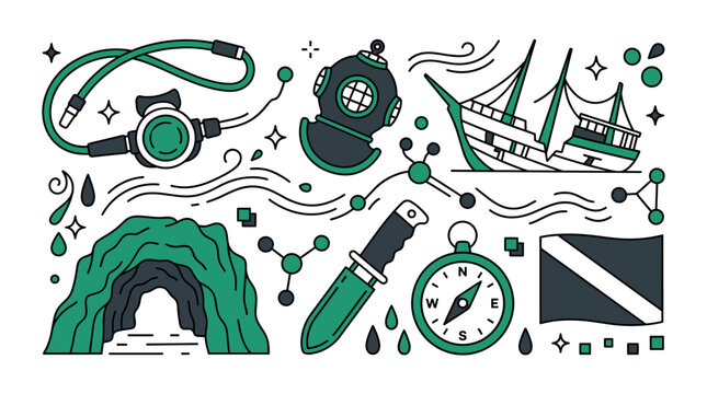 Underwater exploration and diving vector icons with diving mask, knife and shipwreck for adventure infographic design