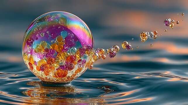Soap bubble floating on rippled water with rainbow reflection images