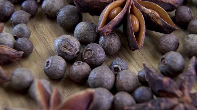 Star Anise (Illicium verum) and Allspice. Eugenol and anethole phytochemical compounds. Dried aromatic antimicrobial seeds. Organic defense preservation.