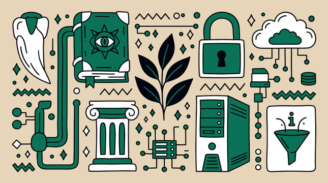 Security and technology concept icons with padlock, cloud and server for web dashboard design in vector art