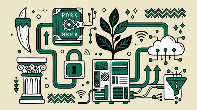 Technology and nature concept icons with circuit book, lock and plant for web security design in flat outline style